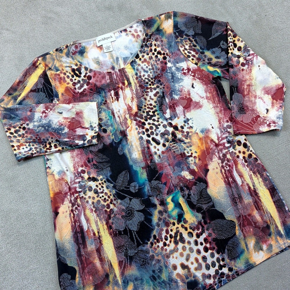 Peck & Peck Women L Tunic Top Abstract Leopard Asymmetrical Hem Made in USA